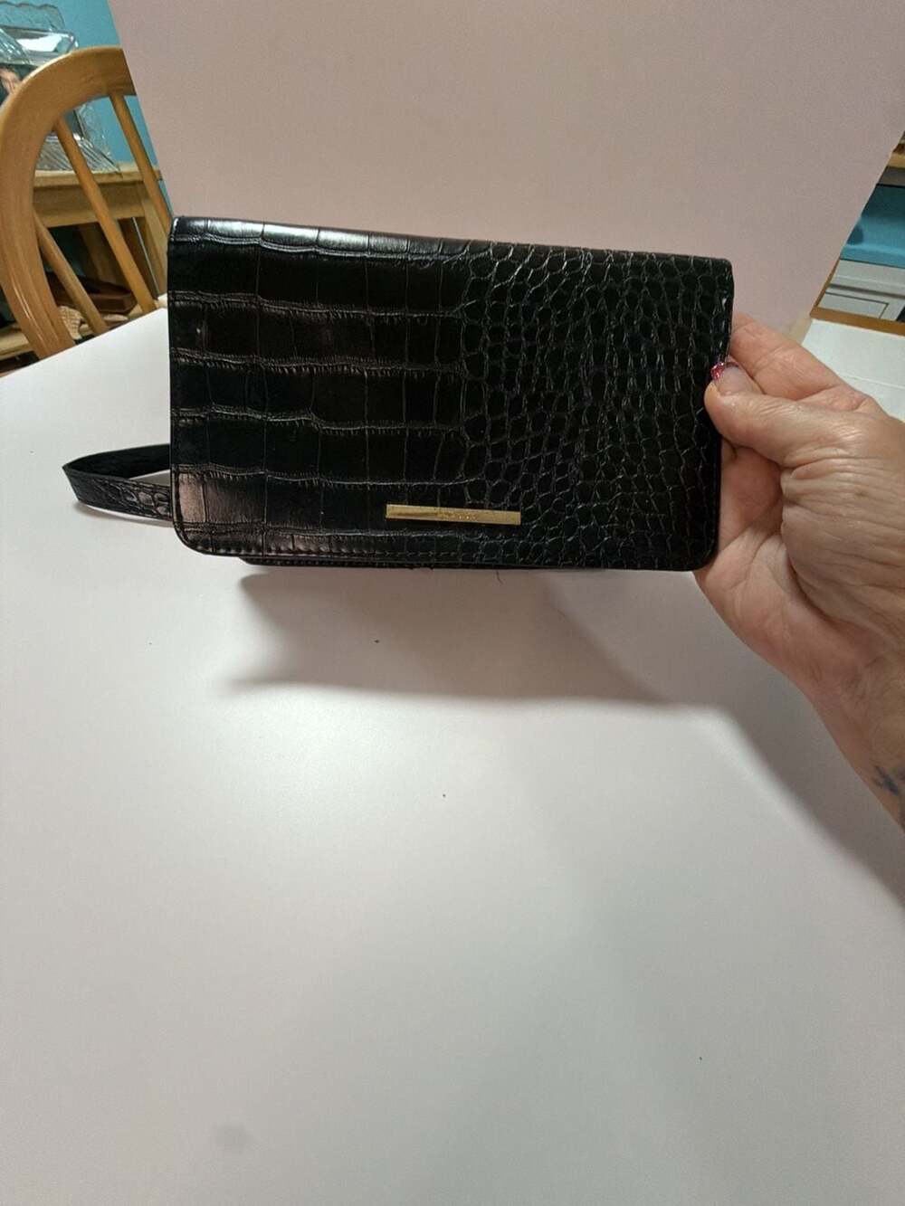 ALDO Black Croc-Embossed Faux Leather Crossbody Wallet with Chain Strap
